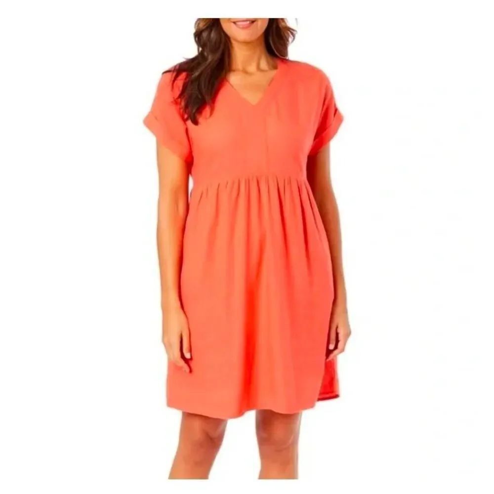 Briggs New York Womens XL Rolled Sleeves Linen Blend Dress Coral Casual Boho